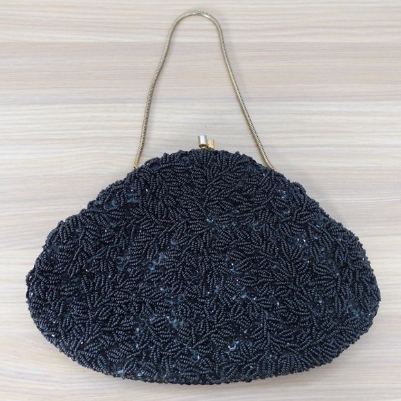 VINTAGE Black Beaded Clutch Formal Evening Purse Allover Gatsby Retro LA REGALE - Picture 1 of 10
